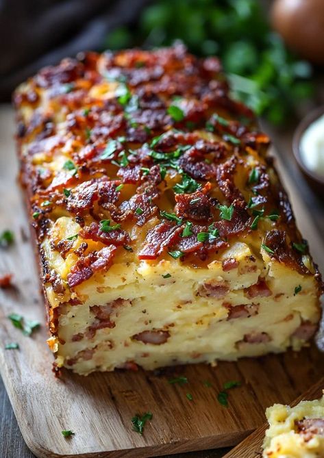 Recipes Aleena | Bacon and Sausage Potato Loaf | Facebook Groente Geregte, Potato Loaf, Sausage And Bacon, Bacon And Sausage, Sausage Potato, Sausage Bake, Sausage Potatoes, Bacon Sausage, Savory Snacks