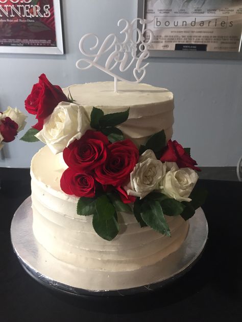 Two tier buttercream and rose first anniversary cake ❤️🌹 2 Tier Anniversary Cake Ideas, Cake For First Anniversary, 20 Year Anniversary Cake Ideas, Ruby Wedding Anniversary Cake 40 Years, Two Tier Anniversary Cake Designs, 40th Anniversary Cake Ideas, First Anniversary Cake Ideas, First Anniversary Cake, Ruby Anniversary Cake