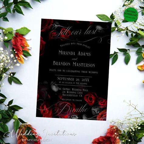 Effortlessly Elegant and Bold Floral Gothic Wedding Invitations. Set the stage for your enchanting Gothic wedding with these captivating Custom Elegant Floral Black and Red Gothic Wedding Invitations. Expertly designed with intricate details and luxe finishes, they are sure to leave a lasting impression on your guests. Personalize your invitations now and let them speak your unique love story. Buy now! Red Black And Gold Wedding, Red Gothic Wedding, Black And Red Wedding, Red Floral Wedding, Spooky Wedding, Gothic Wedding Theme, Gothic Wedding Invitations, Red Wedding Invitations, Red Gothic