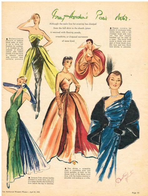 AUSTRALIAN  Vintage Fashion Art 1950 Original  DIOR  FATH  PAQUIN  PARIS Fashion Sketches 50s, Dior 50s Gown, 1950s Fashion Sketches, Old Fashion Illustration, Vintage Fashion Drawings, 1950s Fashion Plates, 1954 Fashion, Vintage Fashion Illustration, Vogue Illustrations