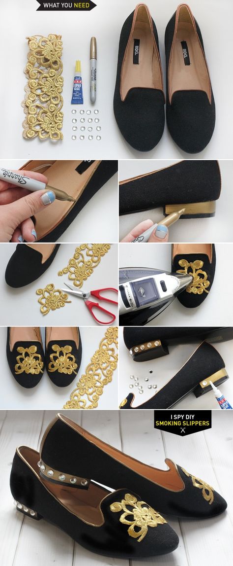 DIY Projects - SMOKING SLIPPERS....Make a pair with your wedding theme. Great for the Bridal Shower, Rehearsal Dinner, etc. If you can't do, find that person that's crafty & ask to do as a bridal or wedding gift. Shoe Refashion, I Spy Diy, Shoe Makeover, Making Shoes, Shoes Hack, Fabulous Diy, Old Shoes, Pretty Designs, Diy Shoes