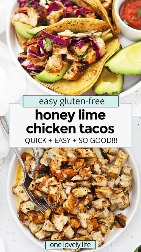 Honey Lime Chicken Tacos - Our honey lime chicken marinade gives these chicken tacos such delicious flavor. Don't miss our favorite toppings to add to these tasty tacos! (Gluten-Free) // Chicken Tacos recipe // Lime Chicken Tacos // Chili Lime Chicken Tacos // healthy chicken tacos // the best chicken tacos // grilled chicken tacos Orange Chicken Tacos, Honey Chicken Tacos, Chicken Tacos Healthy, Honey Lime Chicken Tacos, Best Chicken Tacos, Lime Chicken Marinade, Chili Lime Chicken Tacos, Healthy Chicken Tacos, Chicken Tacos Recipe