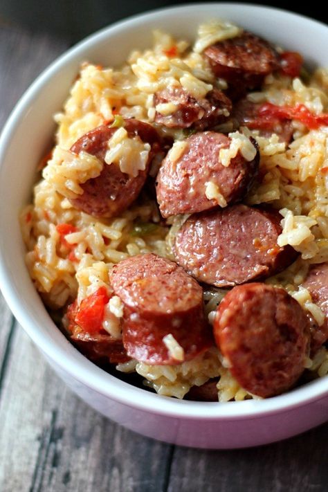 Cheesy Sausage Rice Skillet Cheesy Sausage Rice, Cheesy Sausage And Rice, Sausage Rice Skillet, Sausage And Rice Skillet, Sausage And Rice, Sausage Rice, Smoked Sausage Recipes, Sausage Dinner, Kielbasa Recipes