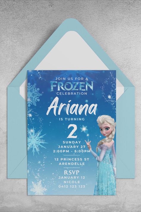 This birthday party invitation is an editable template inspired by Frozen and Princess Elsa. The invite can be completely customised to suit your needs using Canva. Our instant download template makes it quick and easy to create your own printable invitations or send as digital invites. Elsa Birthday Invitations, Frozen 3rd Birthday, Elsa Birthday Party, Frozen Invitations, Frozen Birthday Invitations, Anna Birthday, Elsa Birthday, Frozen Princess, Kids Birthday Party Invitations