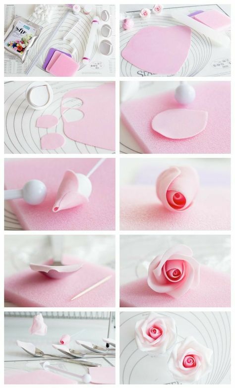 Fondant Rose Tutorial, Cupcake Fondant, Cupcakes Fondant, Sugar Paste Flowers, Sugar Flowers Tutorial, Fondant Flower Tutorial, Fondant Rose, Icing Flowers, Rose Tutorial