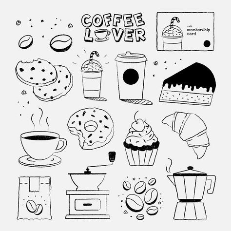 Coffee Shop Design Drawing, Coffee Pattern Design, Pharmacy Doodles, Caffeine Drawing, Coffee Drawing Ideas, Coffee Shop Doodles, Doodle Art Coffee, Cafe Doodle, Coffee Drawings