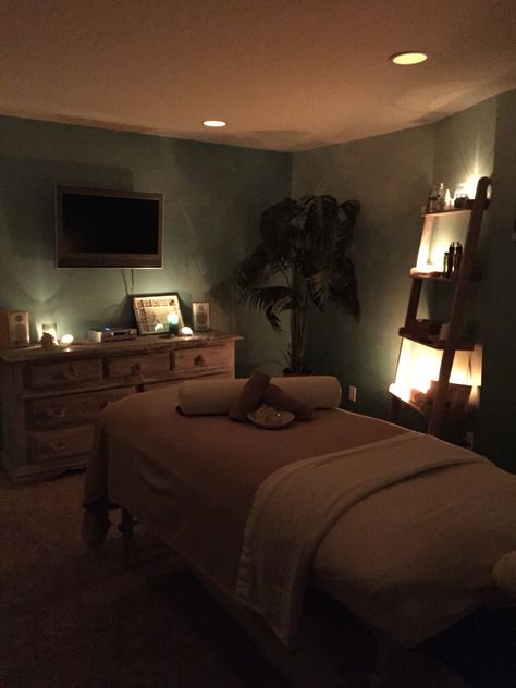 My In-home Massage Studio. Massage Therapy Home Office, Calming Massage Room, Massage Room Color Schemes, Massage Therapist Room Ideas, Dark Massage Room Aesthetic, Home Massage Studio, In Home Massage Room Ideas, Dark Massage Room, Green Massage Room