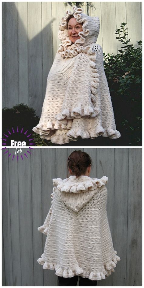 Crochet Ruffled Shawl Cape Free Crochet Pattern Crochet Ruffles Pattern, Free Crochet Cape Patterns, Ruffled Shawl, Crochet Shawlette, Crochet Cape Pattern, Crochet Hood, Crochet Poncho Free Pattern, Crochet Cape, شال كروشيه