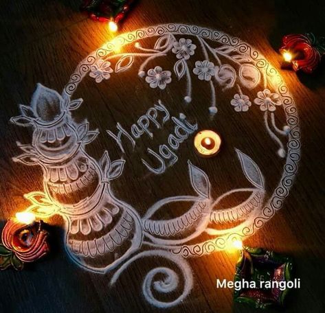 Happy Ugadi..... Hindu New year Rangoli For Ugadi Festival, Boghi Festival Rangoli, Ugadi Rangoli Design, Theme Rangoli, Pongal Decoration, Ugadi Rangoli, Alpana Designs, Birds Rangoli, Vilakku Kolam