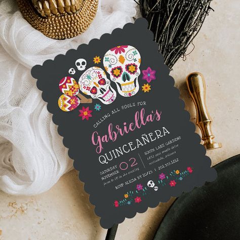 Sugar Skull Birthday, Theme Quinceanera, Halloween Invitations Kids, Floral Skeleton, Day Of The Dead Party, Halloween Birthday Invitations, Sweet Sixteen Invitations, Quinceanera Themes, Sweet Sixteen Birthday