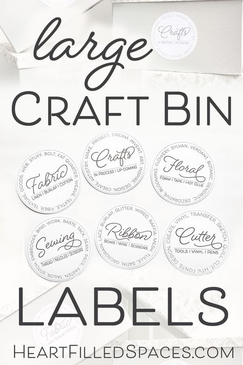 Update your craft room storage bins with these free printable labels. These 4.5 inch round labels work great for large bins. See how I updated my storage boxes and snag your free labels. #organization #craft #diy #printable #labels Storage Box Makeover, Craft Room Labels, Storage Box Labels, Ikea Tjena, Craft Supply Labels, Labels Organization, Box Makeover, Ikea Office, Cardboard Storage