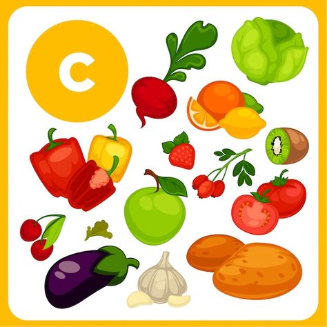 Cartoon food with vitamin e. | Premium Vector #Freepik #vector #vitamin-c #tomato #orange #strawberry Foods With Vitamin E, Five Food Groups, Vitamin A Foods, Premium Vector Cartoon, Cartoon Food, Food Cartoon, Vitamins For Kids, Vector Cartoon, Alphabet Activities