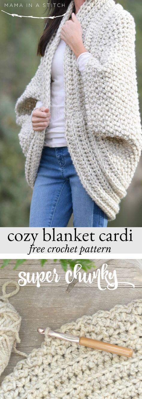 This super chunky and cozy crocheted cardigan is perfect for fall and winter! Free pattern and links to tutorials.  #crafts #diy via @MamaInAStitch Crochet Blanket Cardigan, Chunky Sweater Pattern, Blanket Cardigan, Poncho Crochet, Gilet Crochet, شال كروشيه, Blanket Sweater, Crochet Shrug, Haken Baby