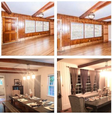 painted knotty pine walls before and after - Google Search Painted Knotty Pine Walls, Farmhouse Curtains Kitchen, Kitchen Beams, Wood Paneling Living Room, Wood Paneling Makeover, Knotty Pine Walls, Paneling Makeover, Curtains Kitchen, Painting Wood Paneling