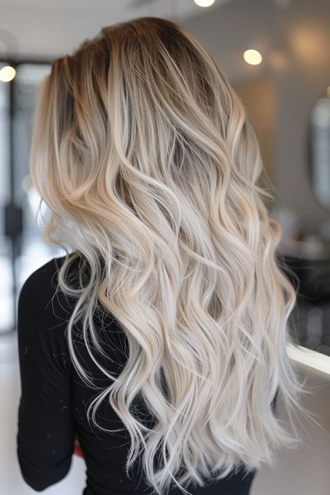 47+ Icy Blonde Balayage Hair Ideas Heavy Baylage Blonde, Blonde Hair Extensions Styles, Icy Blonde Shadow Root With Money Piece, Icy Blonde Highlights On Dark Hair, Blonde Hair With Extensions, Multi Dimensional Blonde, Champagne Blonde Balayage, Root Melt Blonde, Blonde Hair Outfits