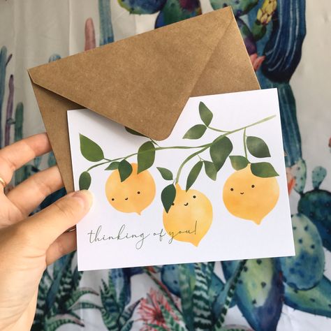 Thinking of You Greeting Card 5 Pack for $15. Cheer up some friends!  #lemondesign #design #summerartwork #greetingcards #greetingcard #citrus #happy #yellow #ecofriendlybusiness #FSC #kraftpaper #Kraftenvelopes #cutefaces #etsy #etsyshop #etsyfinds Cat Air, Bday Cards, Summer Cards, Paint Cards, Card Drawing, Letter Paper, Watercolor Cards, Cute Cards, Diy Cards