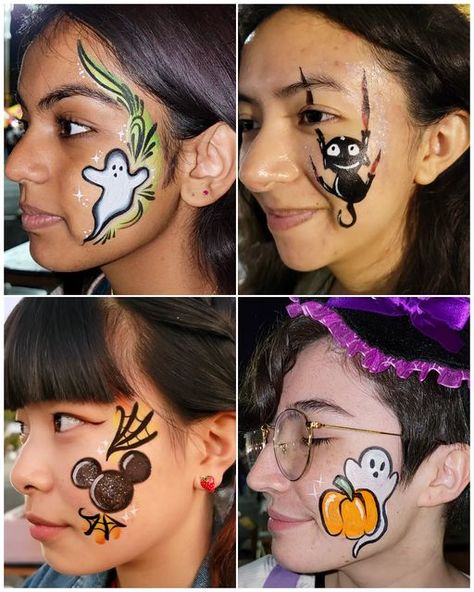 Halloween Face Painting Simple, Ghost Face Face Paint, Halloween Carnival Face Painting, Face Paint Simple Ideas, Easy Quick Face Paint Ideas, Small Face Paint Designs, Simple Halloween Face Paint Ideas, Face Painting Booth Signs, Easy Halloween Face Painting Designs