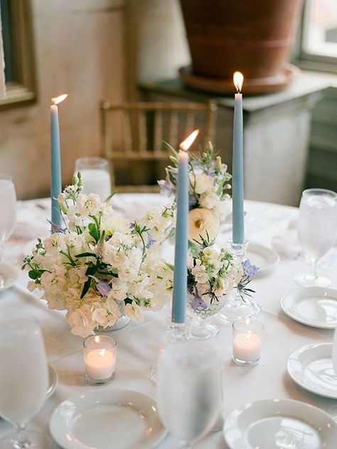 Garibaldi Cafe Wedding | Design Studio South | Savannah Wedding Photographer | Shannon Griffin #southernwedding  #film #filmweddingphotographer #fineartweddingphotographer #savannahweddingphotographer #shannongriffin #savannah #weddingdecor #garibaldicafe #monogrammednapkins #weddinglinens #designstudiosouth #katofloraldesigns #dotellcalligraphy Blue Pillar Candles Wedding, Light Blue White And Greenery Wedding, Dusty Blue Candles Wedding, Greenery And Blue Wedding, Wedding Blue Flowers Decoration, Wedding Decor Blue And Green, Light Blue And Greenery Wedding, Dusty Blue Table Decorations, Dusky Blue Wedding Decor