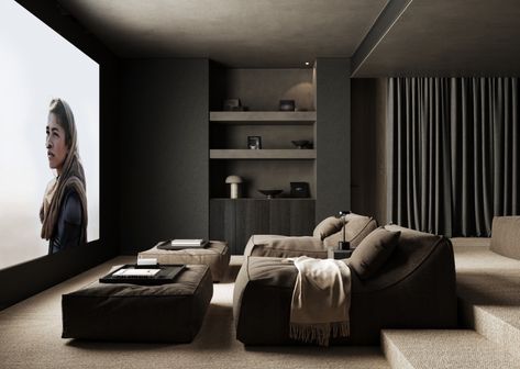 Wallpaper Media Room, Japandi Movie Room, All Black Movie Room, Minimalist Home Theater, Cosy Cinema Room, Cozy Entertainment Room, Aesthetic Man Cave, Big Tv Room, Tiny Home Theater