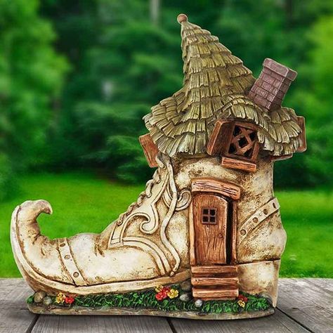 Fairy Garden Lights, Solar Fairy House, Old Lady Shoes, Shoe House, Fairy House Crafts, Clay Fairy House, Fairy Shoes, Fairy Village, Fairy House Diy