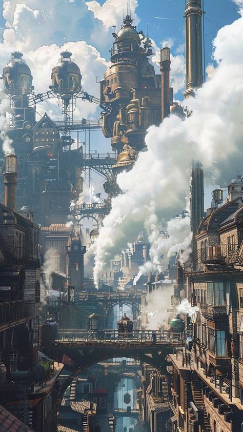 Fantasy Technology City, Steampunk Scenery Landscapes, Fantasy Industrial City, Fantasy Steampunk Art, Steampunk Sci Fi, Steampunk Floating City, Futuristic Steampunk Aesthetic, Art Deco Steampunk, Cattlepunk City