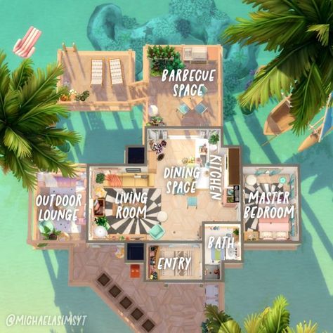 Michaela Sims | Sims 4 Builder ✨🇨🇿 on Instagram: "The floor plan of my Mermaid’s Beach Home 🧜🏼‍♀️ I really had a lot of fun playing with a very colorful color scheme in here! I don't do it very often, but I really enjoyed it! 🩵 Sulani 🩵 30x20 🩵 $43,464 🩵 Origin ID: michaelasimsyt 🩵 Speed build on my YT channel, link in bio ✦ EP: Growing Together, High School Years, Cottage Living, Snowy Escape, Eco Lifestyle, Discover University, Island Living, Seasons, Cats and Dogs, Get Together ✦ GP: Sims 4 Beach House Floor Plans, Small Beach House Floor Plans, Sims 4 Island Living House, Sulani Homes Sims 4, Sims 4 Hus, Beach House Small, Sims 4 Beach House, Beach Floor Plans, Snowy Escape