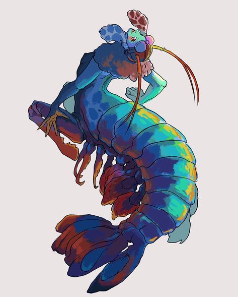 Mantis Shrimp Mermaid🍬⠀ ⠀ -Day 25 of Mermay-⠀ There she is! One of the most colorful creature on Earth! ⠀ ⠀ I’ve been wanting to draw mantis shrimp since day one, but the their anatomy was a bit difficult so I started with the others!⠀ ⠀ I gave her a pilot hat because I though the shrimp eyes look like goggles! I also find theres interesting contrast between their feather-like legs and their scales. Guess nature is always the best fashion designer! ✨✨⠀ ⠀ Swipe for drawing process and creature r Shrimp Mermaid, Pilot Hat, Mantis Shrimp, Aquatic Creatures, Humanoid Creatures, Alien Character, Drawing Process, Creature Drawings, Creature Concept Art