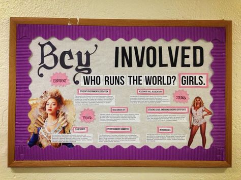 Beyonce themed bulletin board Beyonce Bulletin Board, Dorm Bulletin Boards, Resident Assistant Bulletin Boards, Time Management College Student, Ra Door Decs, College Bulletin Boards, Passive Programs, Womens History, Resident Advisor