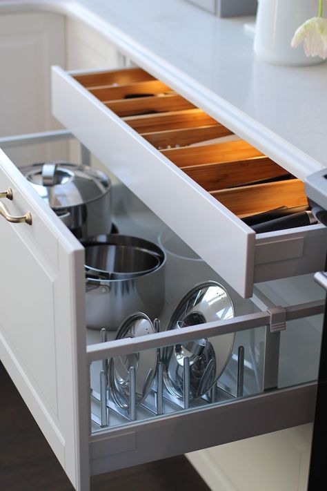 Jillian Harris Ikea Sektion Kitchen - Pots, Pans, Lids, and Cooking Utensil Storage Ikea Sektion Kitchen, Ikea Kitchen Drawers, Dapur Ikea, Cooking Utensil Storage, Ikea Kitchen Organization, Ikea Sektion, Sektion Kitchen, Ikea Drawers, Ikea Kitchen Cabinets