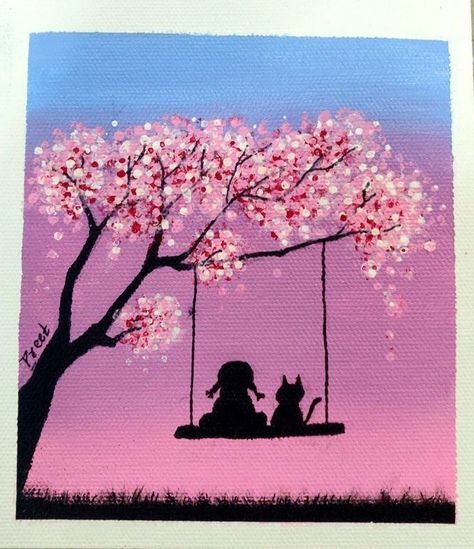 Painting Ideas Blossom Tree, Cherry Tree Painting Easy, Painting Ideas On Canvas Cherry Blossoms, Easy Sakura Painting, Acrylic Painting Ideas Cat, Japanese Cherry Blossom Painting Easy, Painting Ideas On Canvas Japanese, Sakura Tree Drawing Easy, Cherry Blossom Drawing Easy