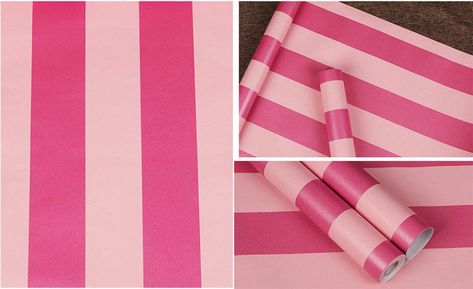 Gold Wallpaper For Walls, Pink Striped Walls, Pink Stripe Wallpaper, Pink And Gold Wallpaper, Y2k Bedroom, Barbie Bedroom, Stripe Wall, Wallpaper Shelves, Wallpaper For Walls