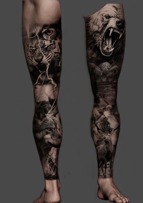 Viking Leg Sleeve Tattoo Men, Roman Leg Sleeve Tattoo, Viking Leg Tattoo Men, Full Leg Sleeve Tattoo Male, Leg Sleeve Tattoo Male Design, Full Leg Tattoo Men, Tattooing Inks, Thigh Tattoo Men, Animal Tattoos For Men