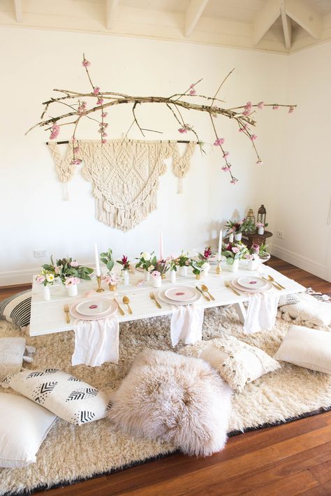 Spell & the Gypsy Collective | Gal'entines Dinner Boho Bridal Shower Ideas, Indoor Picnic, Bohemian Party, Boho Picnic, White Bohemian, Boho Bridal Shower, Boho Party, Boho Birthday, Floor Seating