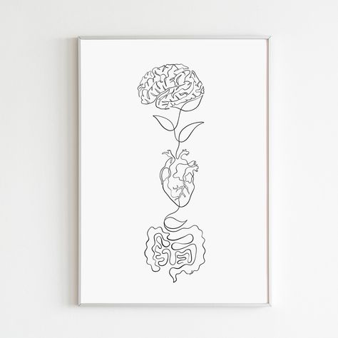 "Introducing our captivating one line drawing--a symbolic portrayal of the brain, heart, and gut connected. This artwork celebrates the interdependence of these organs, highlighting the role of the vagus nerve. Perfect for medical spaces and anatomy enthusiasts, it sparks conversations about the intricate balance between emotions, physical health, and gut microbiome. Embrace the beauty and significance of this one line drawing--a visual reminder of the profound connection within our core systems Vagus Nerve Art, Gut Drawing, Powerful Artwork, Nerf Vague, Cardiologist Gift, Medical Artwork, The Vagus Nerve, Systems Art, Heart Brain