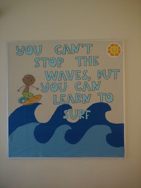 Surfing Classroom Theme, Beach Themed Bulletin Board Ideas, Beach Bulletin Board Ideas, Beach Classroom Theme, Beach Bulletin Boards, Learning Pit, Preschool Building, Cafeteria Decor, Ra Decorations