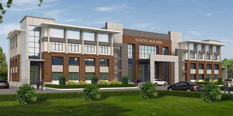 Modern School Exterior Architecture, School Building Exterior Design, Best School Building Designs, Schools Exterior Design, School Modern Architecture, Modern School Building Design Exterior, School Facade Design Ideas, School Building Elevation Design, School Building Design Ideas