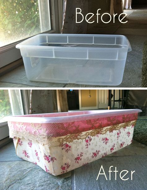 Saleena: DIY: Container Makeover Tutorial Plastic Drawer Makeover, Diy Container, Upcycle Plastic, Jeans Crafts, Plastic Crates, Diy Storage Boxes, Patterns Fabric, Plastic Container Storage, Plastic Storage Bins