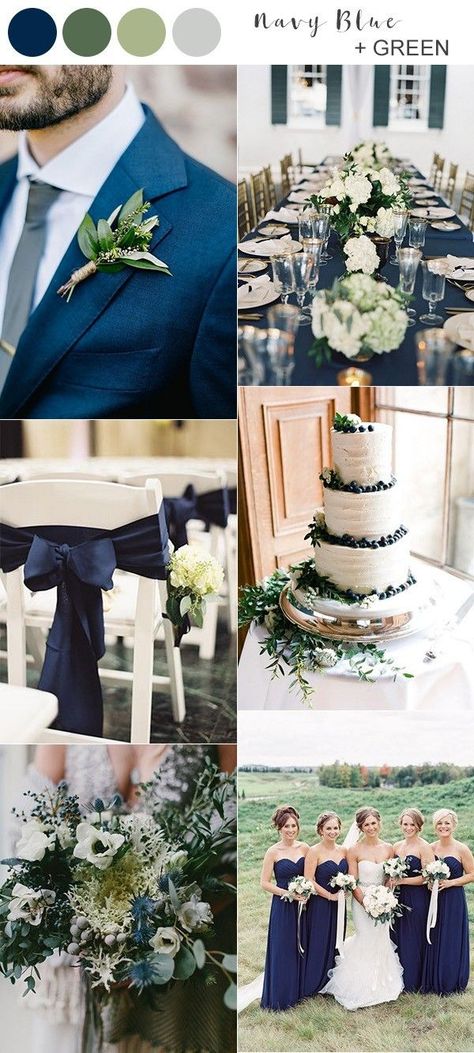 Navy Blue And Green Wedding, Blue And Greenery Wedding, Blue And Green Wedding, Greenery Wedding Ideas, Navy Wedding Colors, Green Wedding Bouquet, Popular Wedding Colors, Wedding Color Scheme, Wedding Color Ideas