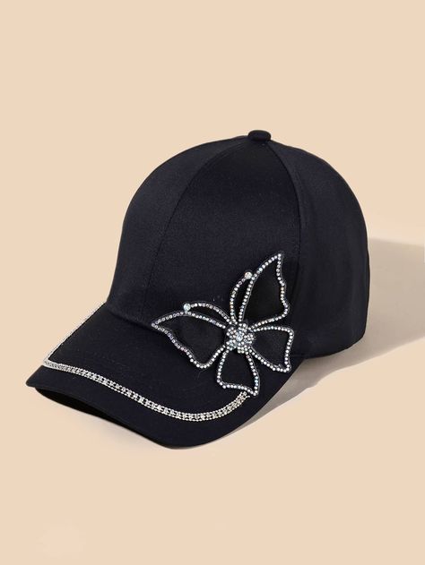 Black Casual   Polyester  Baseball Cap   Spring/Fall Women Accessories Bone Bordado, Rhinestone Projects, Painted Hats, Butterfly Decor, Stylish Caps, Beaded Hat, Wide Brim Sun Hat, Diy Hat, Hat Ideas