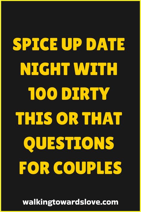 Looking to spice up your date nights? Check out these 100 Dirty This or That Questions for Couples! From steamy scenarios to playful preferences, this list is perfect for igniting some passion and laughter with your partner. Whether you're cozying up on the couch or enjoying a fun night in, these thought-provoking questions will keep the conversation flowing and the mood sizzling. Get ready to uncover new sides of each other and delve into deep discussions that will leave you feeling closer than 20 Questions For Couples Fun, Black Poly Relationship Goals, Date Night Truth Or Dare, Facetime Games For Couples, Questions For Date Night, Daily Questions For Couples, Date Questions For Married Couples, Thought Provoking Questions For Couples, Date Night Scavenger Hunt Couple Fun