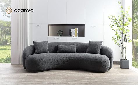 Acanva Mid Century Modern Curved Living Room Sofa, 4-Seat Boucle Fabric Couch for Bedroom, Office, Apartment, Dark Grey Boucle Sectional Sofa, Curved Living Room, Article Timber Pebble Gray Sofa, Apartment Dark, Couch For Bedroom, Grey Contemporary Sectional Sofa, Grey Curve Sofa, Grey Boucle Sofa, Fabric Couch