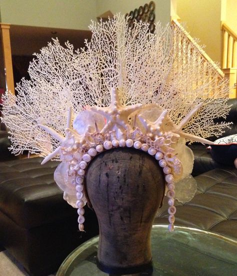 A OOAK gorgeous mermaid/sea queen inspired crown, crafted on a Worbla headband & featuring faux coral, seashells, & starfish. Featuring felt on Paper Headpiece, Gold Headdress, Shell Crown, Tech Image, Shell Crowns, Mermaid Parade, Mermaid Accessories, Sea Queen, Crown Aesthetic