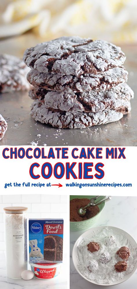 Chocolate Cake Mix Cookies are soft and fudgy and rolled in powdered sugar which adds an extra layer of sweetness to the cookie. Chocolate Cookies With Powdered Sugar, Cake Mix Rolls, Cake Mix Dip, Powder Cookies, Powdered Sugar Cookies, Cracked Cookies, Sugar Free Chocolate Cake, Soft Chocolate Cookie, Cool Whip Cookies