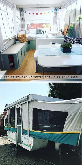 This pop-up camper makeover cost less than $200 and is bright, airy, and ready for summer! Photo from Rice Camp Blog | Featured on MountainModernLife.com #campermakeover #popupcamper #camperreno #camperremodel #rvinspiration #camper Tent Trailer Remodel, Popup Camper Remodel, Pop Up Tent Trailer, Glamper Camper, Trailer Tent, Camper Trailer Remodel, Vintage Camper Remodel, Diy Camper Remodel, Camping Camper