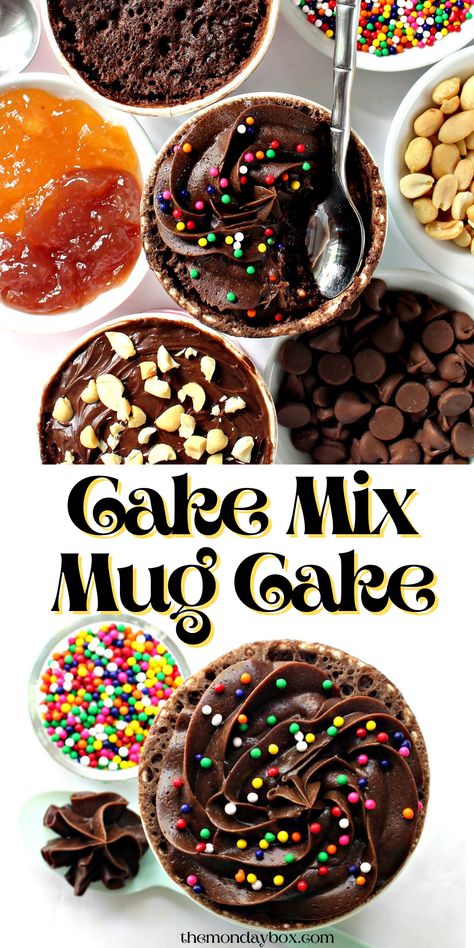 Top image mug cake with chocolate frosting and sprinkles surrounded by cups of add-ins like peanuts, jams, chips. Text Cake Mix Mug Cake. Bottom image closeup of chocolate frosted mug cake. Mug Cake Using Boxed Cake, How To Make A Mug Cake With Box Cake, Box Mug Cake Microwave, Mug Cake From Cake Mix Microwave, Box Cake In A Mug, Box Cake Mug Cake Microwave, Mug Cake With Box Cake, Microwave Cake In A Mug Recipes, Cake Mix Mug Cake Microwave Easy