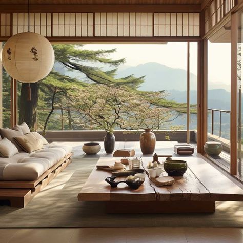 Japanese Style Cabin, Japanese Reading Room, Simple Japanese Home Design, Zen Living Room Ideas Japanese, Japanese House Decor, Japanese Inspired House, Traditional Japanese Home Aesthetic, Japanese Lounge, Japanese Nature Interior Design