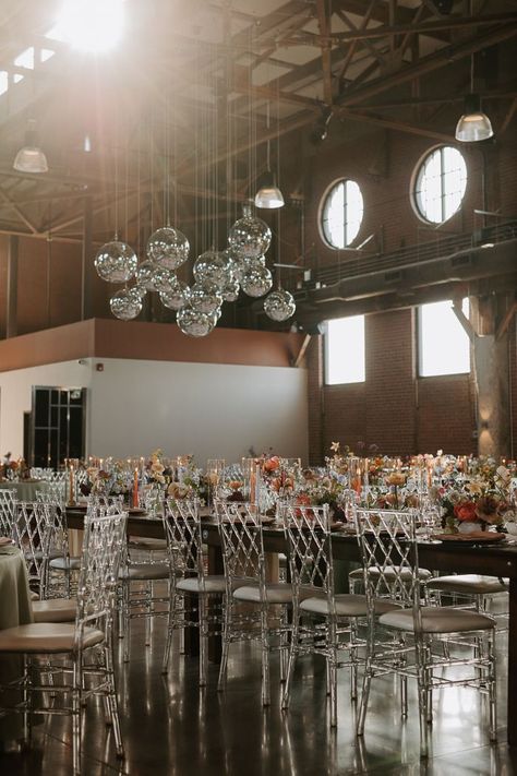 Disco Balls Over Dance Floor Wedding, Disco Balls Dance Floor, Disco Ball Cluster, Disco Ball Ceiling Decor, Disco Ball Ceiling, Disco Ball Installation, Ball Installation, Industrial Wedding Inspiration, Ball Dance