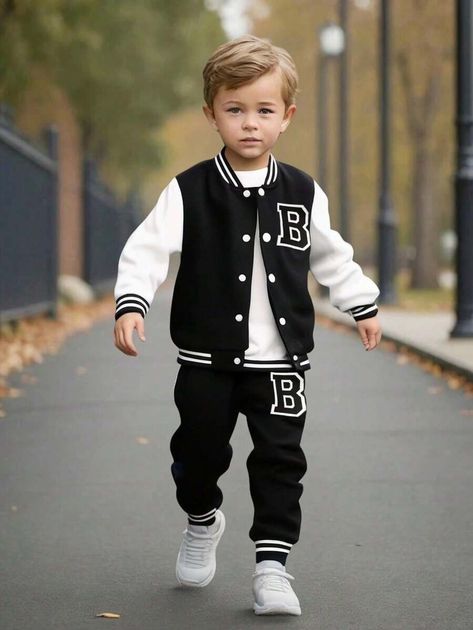 2pcs/Set Young Boys Preppy Style Outfit - Black Knit Top With White Sleeves, Featuring Large Letter "A" Print, Paired With Matching Print Sports Pants, Ribbed Collar, Cuffs And Hem For Comfortable, Casual Wear Suitable For Spring/Fall, Daily Wear, Sports, School, Travel | SHEIN USA Preppy Style Outfits, Preppy Mode, White Sleeves, Black Knit Top, Printed Sweatpants, Streetwear Mode, Hoodie And Sweatpants, 1st Year