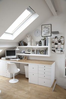 Workspace. I have an obsession with sloped   ceilings! I find it makes the room more cosier and gives it more character too.   :-) Tiny Office Space Ideas, Ikea Ekby, Små Rum Lidt Plads, Attic Office, Tiny Office, Attic Design, Attic Bedrooms, Decor Ikea, Attic Renovation