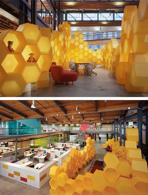 Honeycomb Interior - Interior Design of The Disney Store Headquarters by Clive Wilkinson Architects Honey Store, Selfie Wall, Renovation Architecture, Kindergarten Design, Architecture Design Drawing, Hexagon Design, Interior Renovation, Home Landscaping, Workspace Design